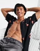 Jack & Jones Originals Flamingo Print Shirt With Revere Collar In Black