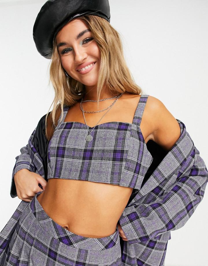 Asos Design Crop Top Suit With Straps In Gray Check