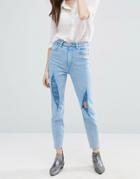 Asos Farleigh High Waist Slim Mom Jeans In Fran Light Mottled Wash With Super Busts And Stepped Hem - Blue