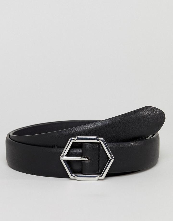 Asos Design Vegan Smart Slim Faux Leather Belt In Black With Hexagon Buckle - Black