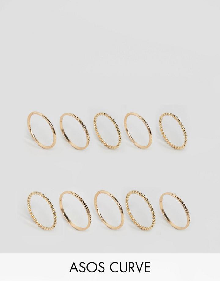 Asos Curve Pack Of 10 Twist And Engraved Ring Pack - Gold