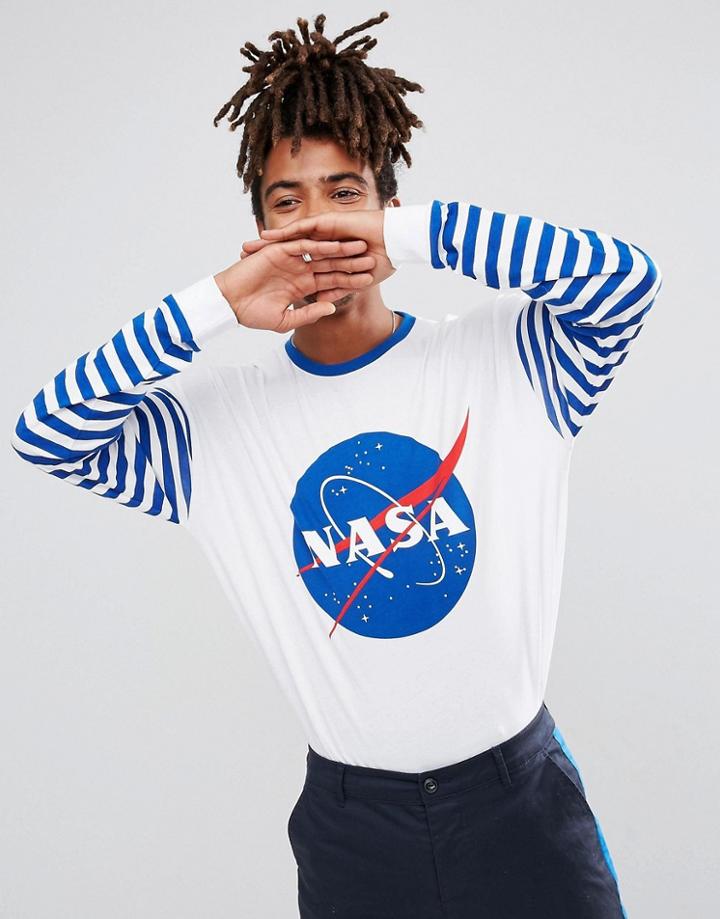Asos Nasa Oversized Long Sleeve T-shirt With Contrast Stripe Sleeve - White