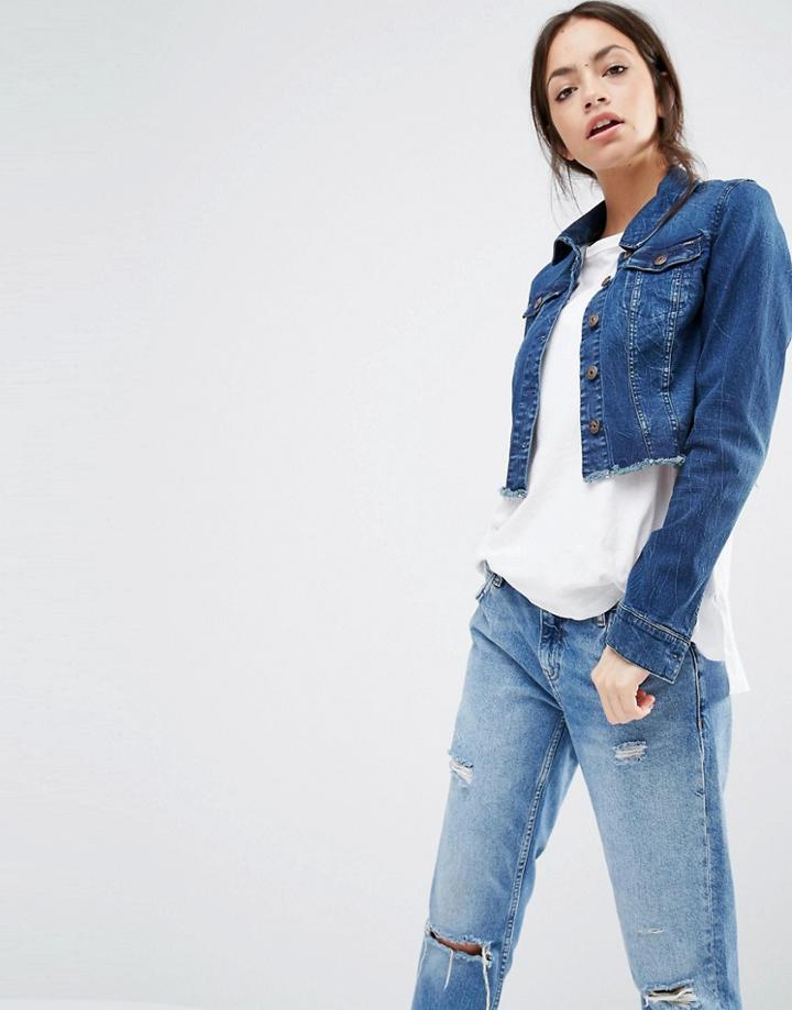 Only Cropped Raw Edge Denim Jacket - Blue