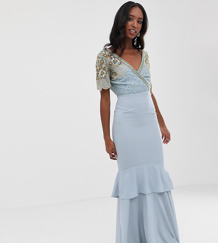Virgos Lounge Tall Plunge Front Embellished Tiered Maxi Dress With Train In Ice Blue