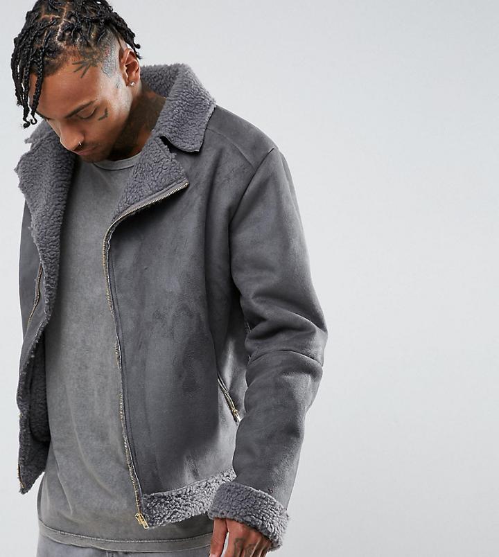 The New County Oversized Faux Shearling Biker Jacket - Gray