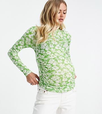 Topshop Maternity Floral Mesh Top In Green