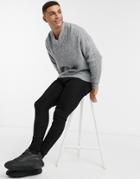 Asos Design Knitted Ribbed Boxy V-neck Sweater In Gray-grey