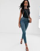 Asos Design Ridley High Waisted Skinny Jeans In Dark Vintage Wash - Blue
