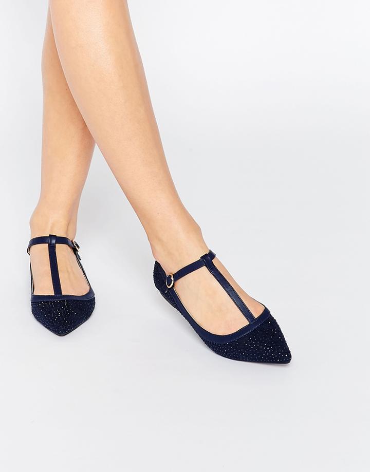 Oasis T Bar Point Sparkle Flat Shoe - Navy