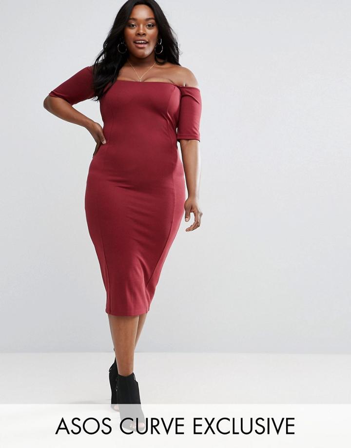 Asos Curve Seamed Detail Bardot Bodycon Dress In Ponte - Red
