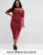 Asos Curve Seamed Detail Bardot Bodycon Dress In Ponte - Red