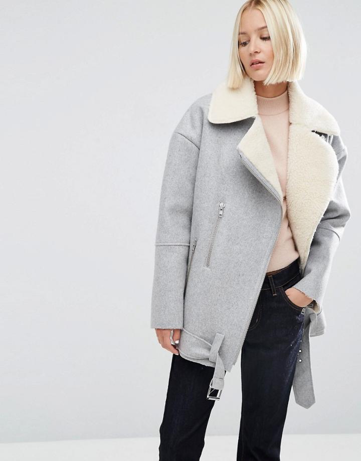 Asos White Wool Biker Jacket With Fleece Lining - Gray