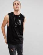 Asos Sleeveless T-shirt With Dropped Armhole & Rose Embroidery - Black
