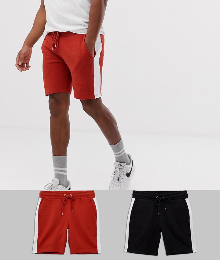 Asos Design Jersey Skinny Shorts 2 Pack With Side Stripe In Black And Red - Multi