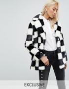 Jakke Mid Length Faux Fur Coat In Checkerboard - Black