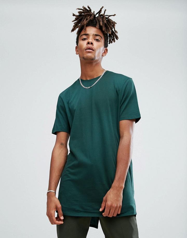 Asos Super Longline T-shirt With Fish Tail Split Hem In Green - Green