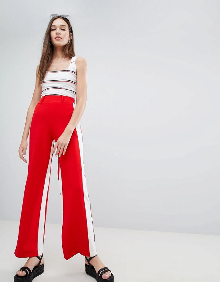 Bershka Wide Leg Pants With Side Stripe In Red - Red