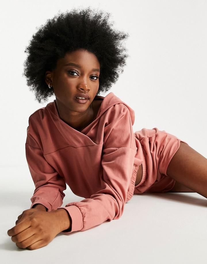 Pieces Lounge Crop Hoodie Set In Dusty Pink