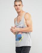 Asos Tank With Abstract Photo Print And Raw Edge Extreme Racer Back - Gray