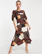 Miss Selfridge Puff Sleeve Midi Dress In Patchwork Print-multi
