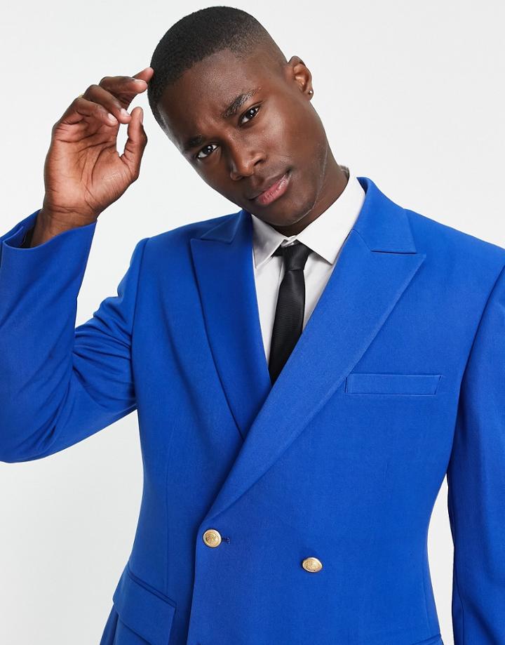 Asos Design Wedding Skinny Blazer With Gold Buttons In Blue
