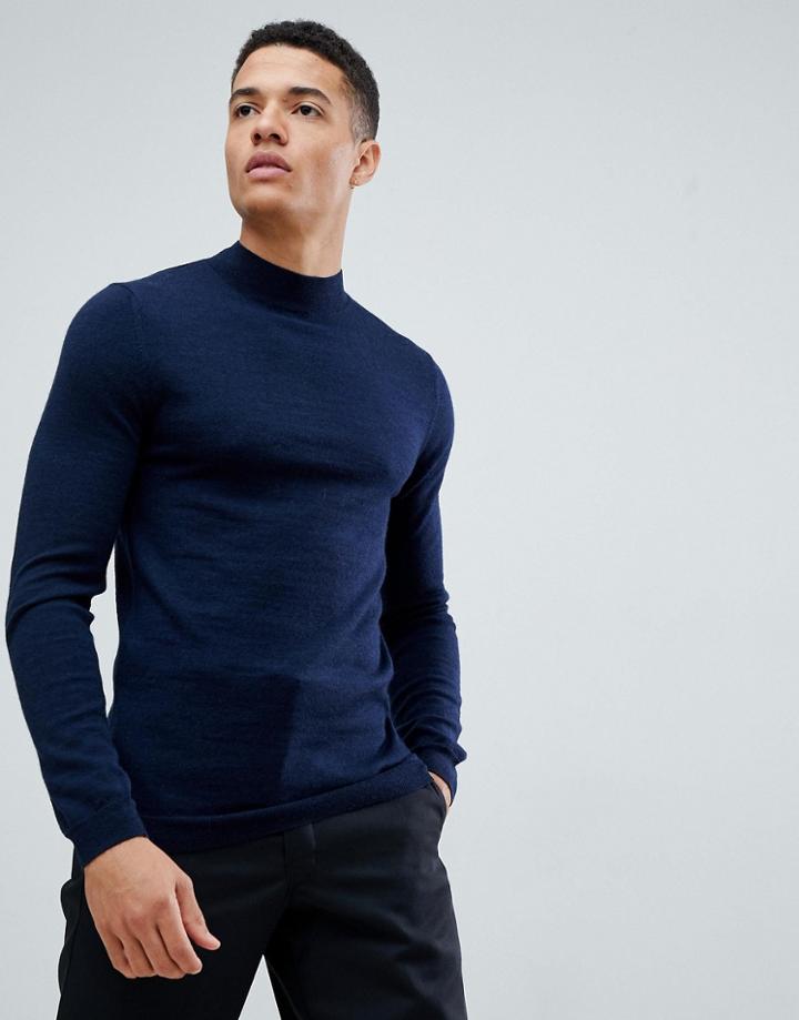 Asos Design Muscle Fit Merino Wool Turtleneck Sweater In Navy - Navy