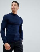 Asos Design Muscle Fit Merino Wool Turtleneck Sweater In Navy - Navy