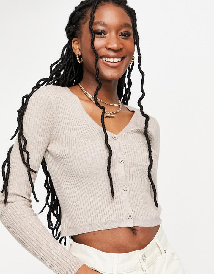 Urban Revivo V Neck Cropped Ribbed Cardigan In Taupe-green