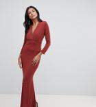 John Zack Tall Plunge Front Maxi Dress With Fishtail In Rust - Brown