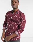 Asos Design Stretch Slim Shirt With All Over Print In Burgundy-red