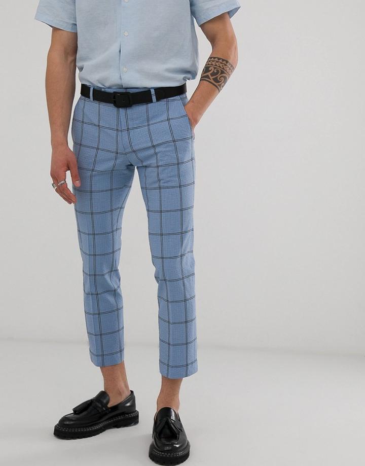 Twisted Tailor Tapered Cropped Suit Pants In Check Seersucker - Blue