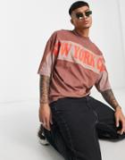 Asos Design Oversized T-shirt In Brown Color Block With New York City Print