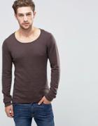 Asos Scoop Neck Sweater In Brown Twist Cotton - Navy Tan
