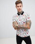 Asos Design Polo With All Over Floral Insect Print In Linen Mix - White