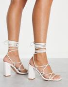 Simmi London Tie Ankle Block Heeled Sandals In White