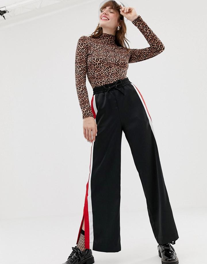 Monki Split Leg Side Stripe Pants In Black - Black