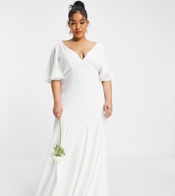 Asos Edition Curve Serenity Satin Wedding Dress With Flutter Sleeve-white