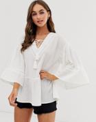 Asos Design V Neck Smock Top With Fluted Sleeve In Cheesecloth