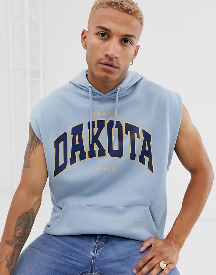 Asos Design Oversized Sleeveless Hoodie With Collegiate City Print-blue