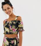 River Island Beach Crop Top With Cold Shoulder In Tropical - Multi
