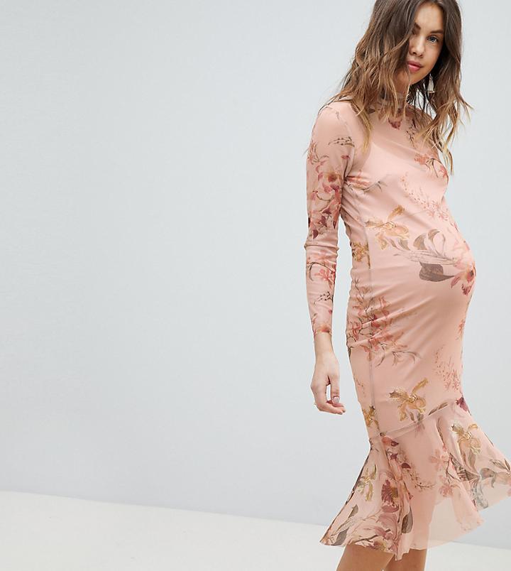 Hope & Ivy Maternity Long Sleeve Printed Mesh Dress With Peplum Hem - Multi