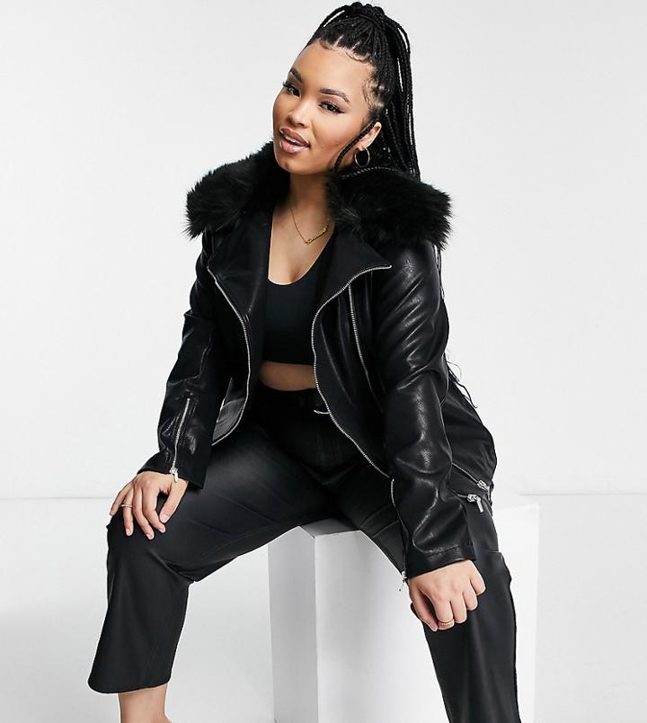 Unique21 Curve Vinyl Moto Jacket In Black
