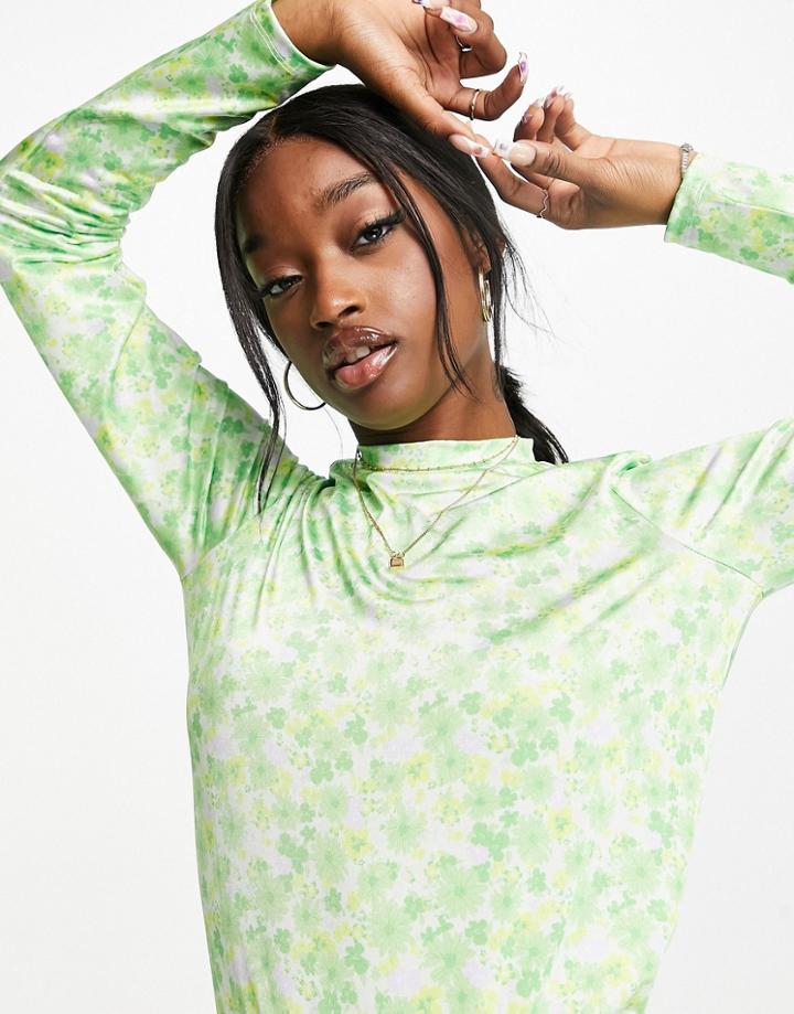 Asos Design Slinky Long Sleeve Top In Green Floral