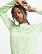 Asos Design Slinky Long Sleeve Top In Green Floral