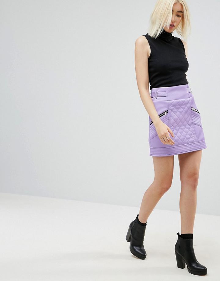 Asos Leather Look Puffer Mini Skirt With Quilting Detail - Purple