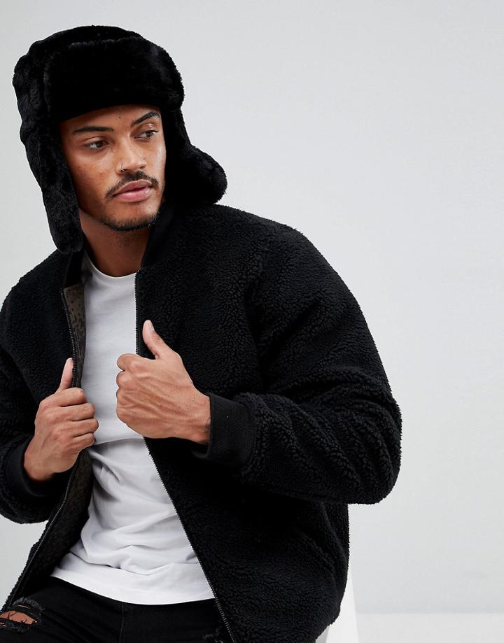 New Look Faux Fur Trapper Hat In Black - Black