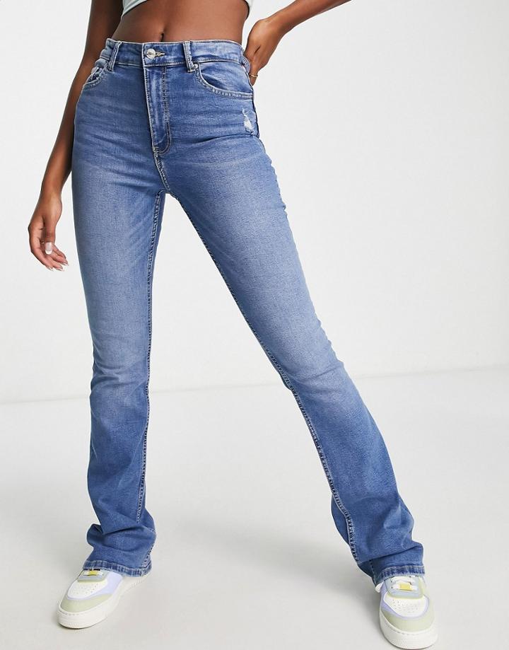 Bershka Full Length Flare Jean In Mid Wash Blue