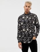 Boohooman Regular Fit Floral Print Shirt In Black - Black