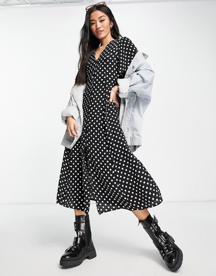 Asos Design Button Through Tie Back Midi Tea Dress With Angel Sleeves In Mono Spot Print-multi