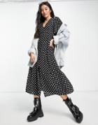 Asos Design Button Through Tie Back Midi Tea Dress With Angel Sleeves In Mono Spot Print-multi